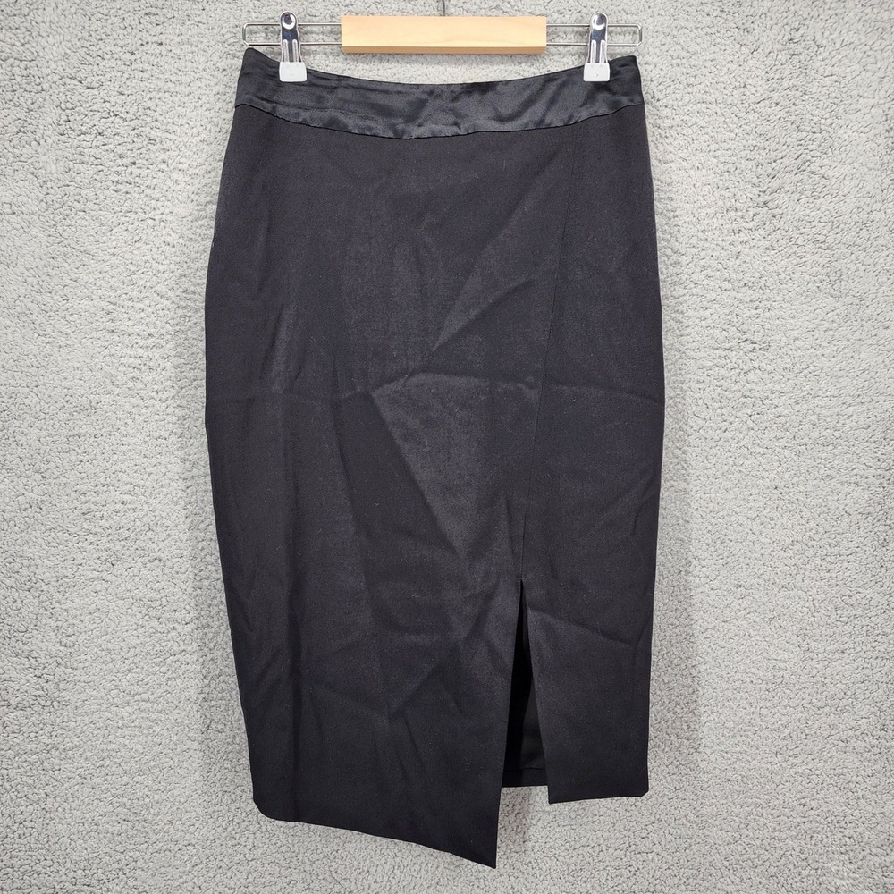SUISTUDIO Black Satin Waist Wool Pencil Skirt with Front Slit Size 36‎ (US 6)
